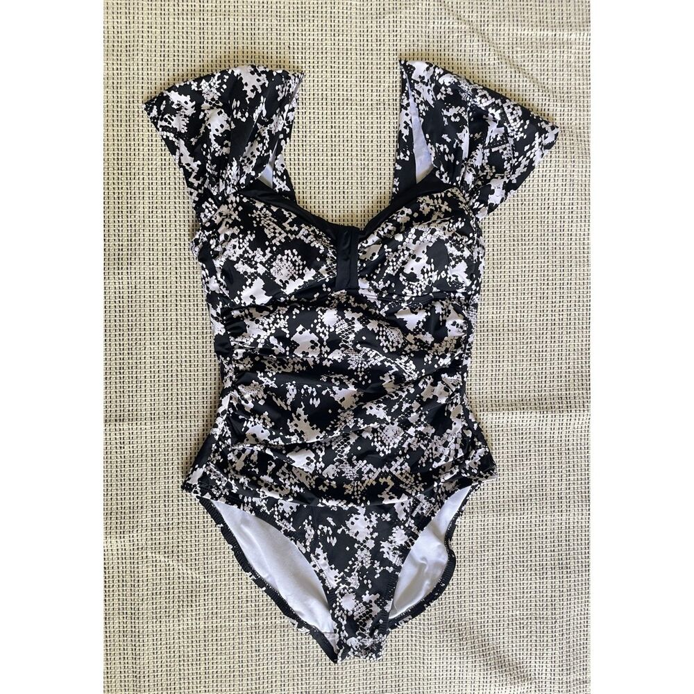 Kenneth Cole Black & White Abstract Print One-Piece Swimsuit Size Small
